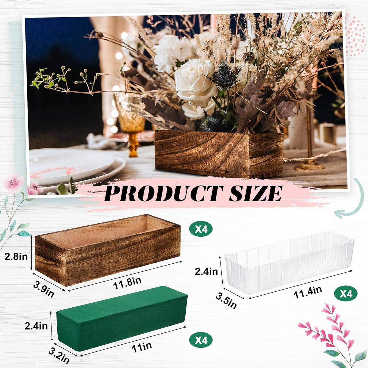 Set of 4 12×4" Rustic Wood Planter Boxes with Liner