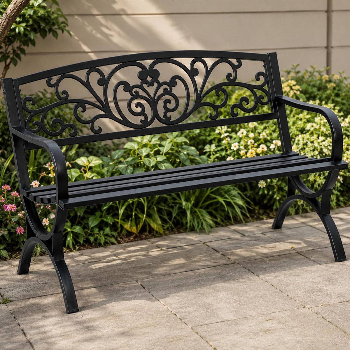50" Black Floral Backrest Metal Outdoor Garden Bench