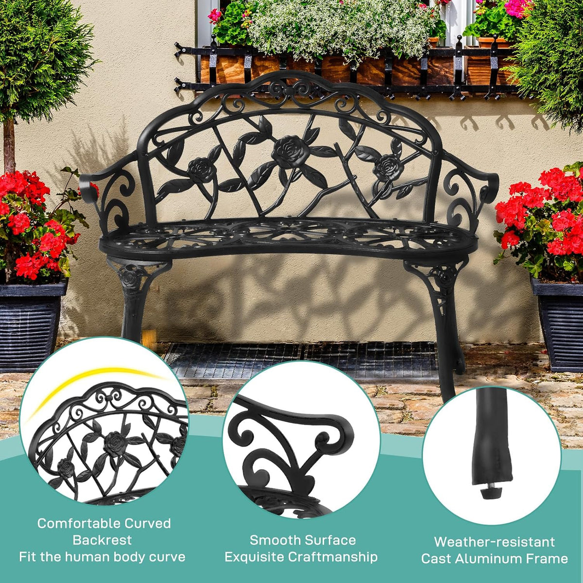 38.5" Black Rose Metal Outdoor Garden Bench
