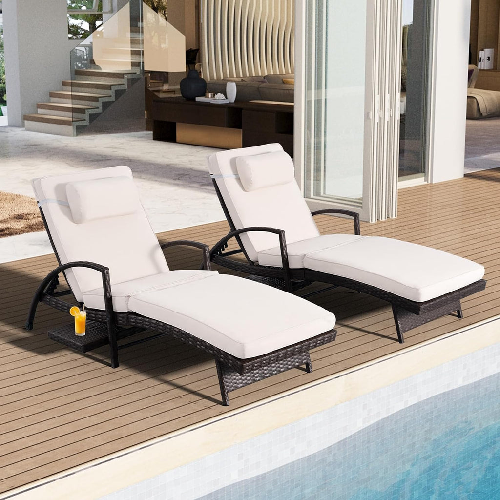 Set of 2 White Patio Chaise Lounges with Side Table
