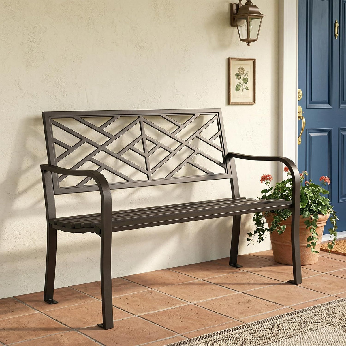 43.7" Black Geometric Cast‑Iron Outdoor Bench