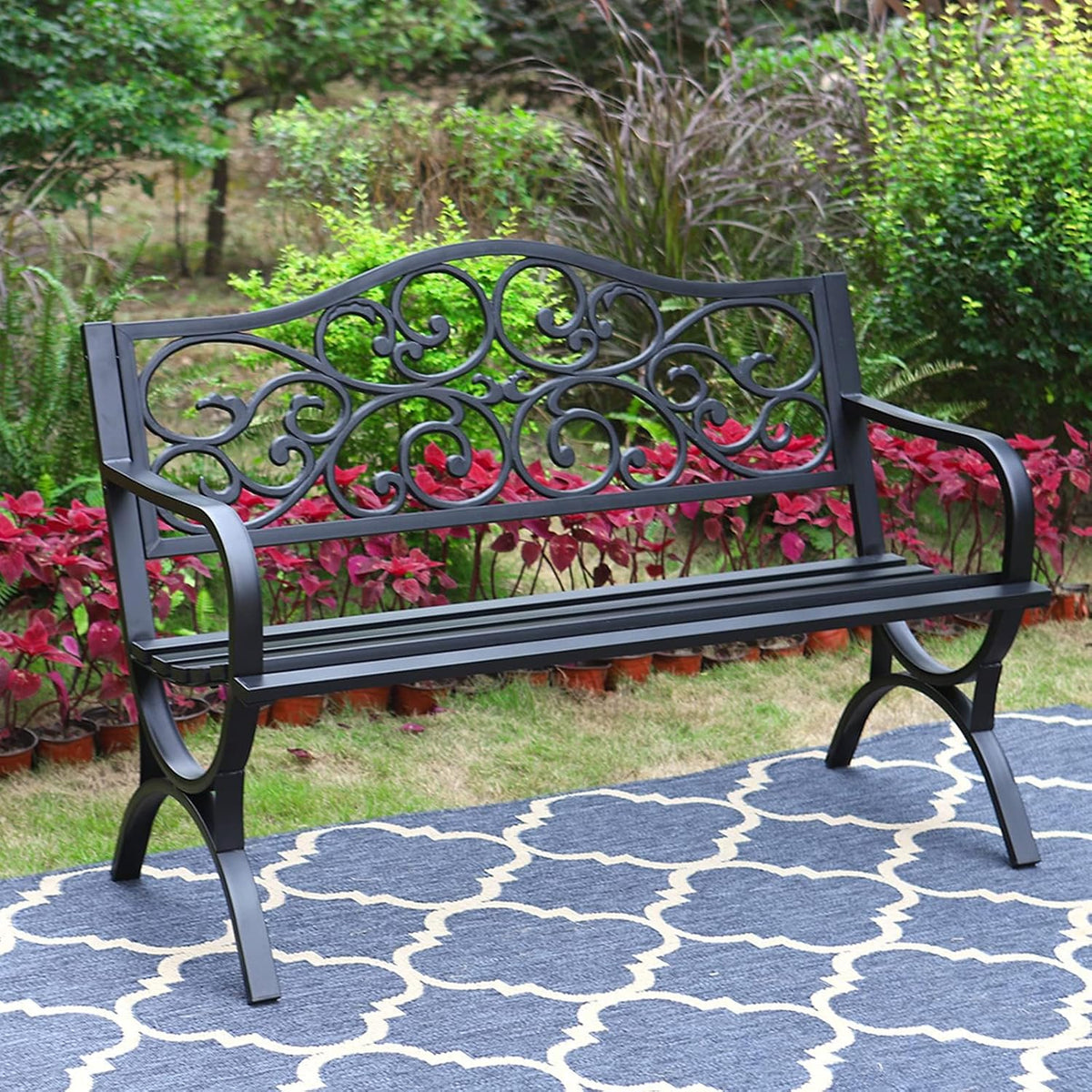 Set of 2 50" Black Metal Outdoor Benches