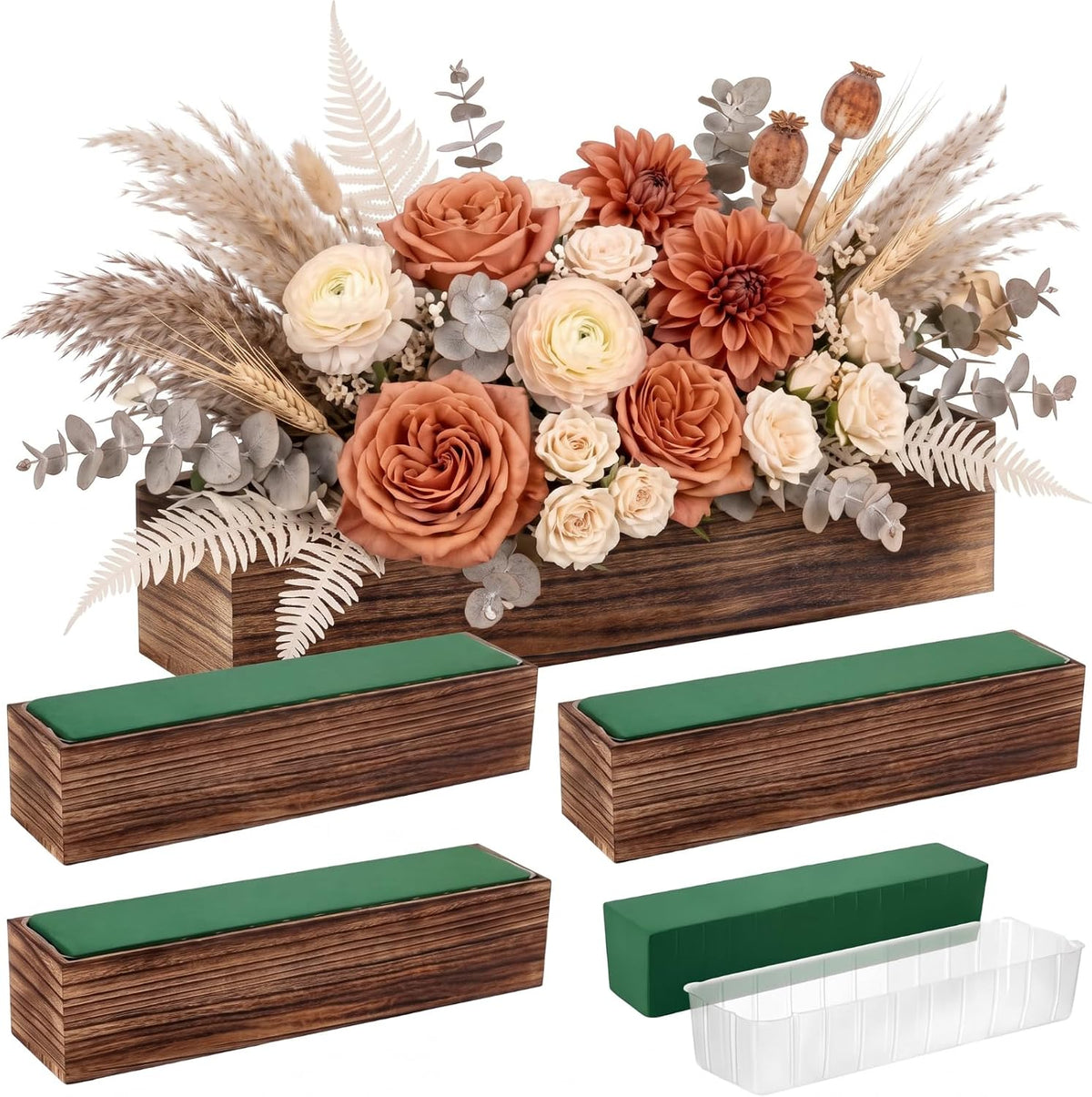 Set of 4 16×4" Rustic Wood Planter Boxes with Liner
