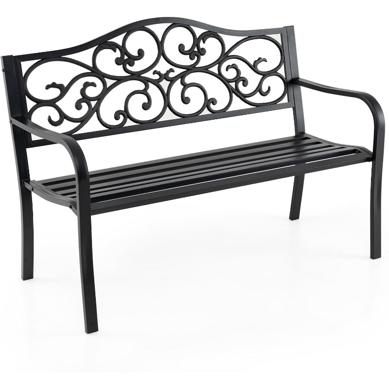 50" Black Floral Outdoor Garden Bench with Armrests