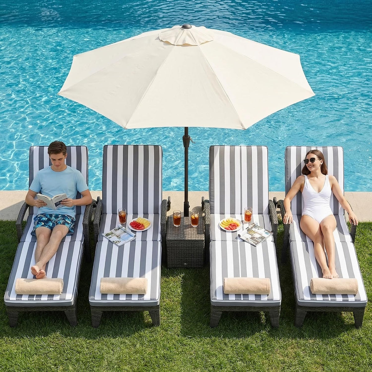 Set of 4 Stripe Rattan Patio Chaise Lounges