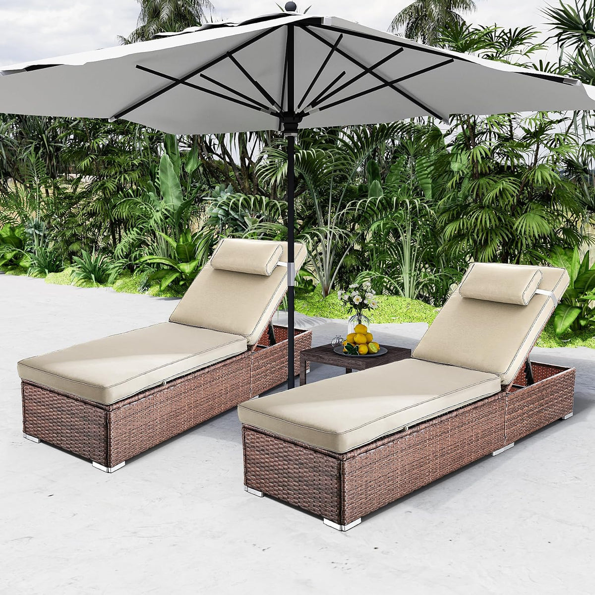 Set of 2 Beige Outdoor Pool Chaise Lounges