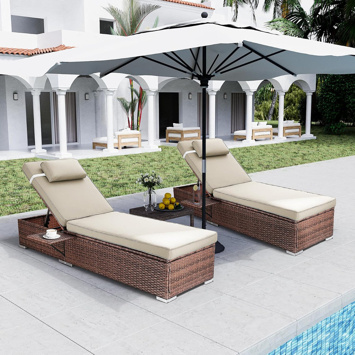 Set of 2 Beige Outdoor Pool Chaise Lounges