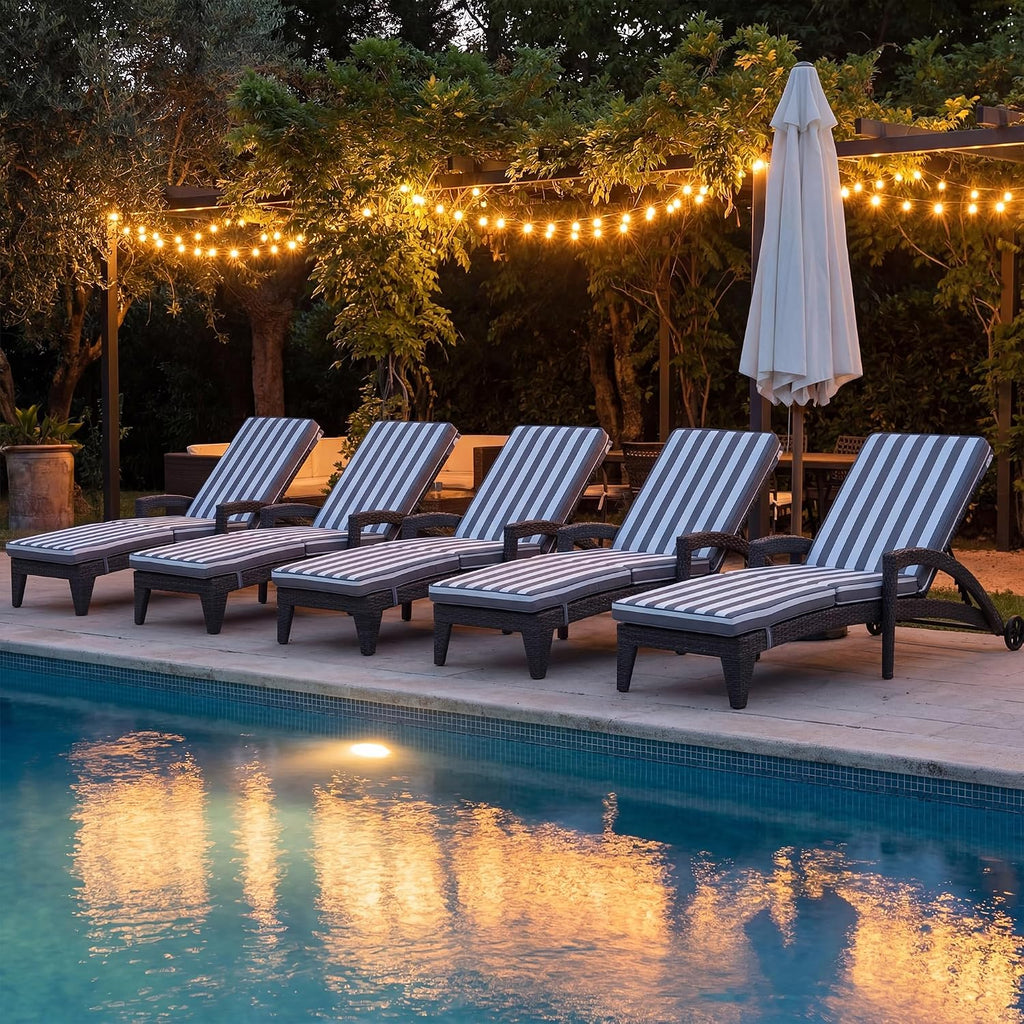 Set of 2 Stripe Rattan Patio Chaise Lounges