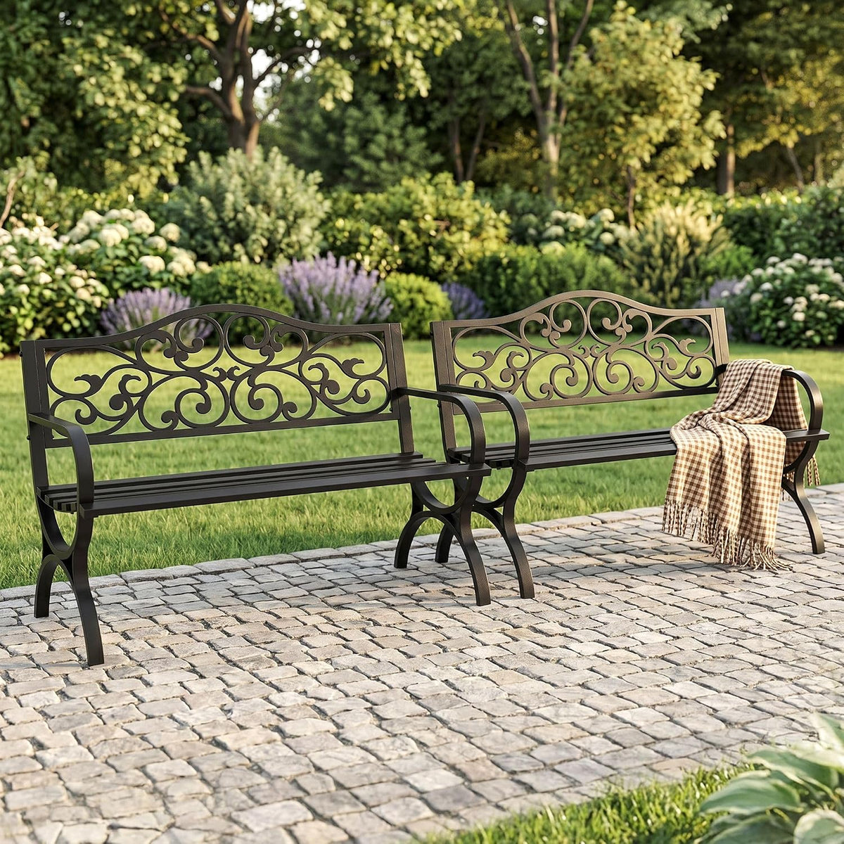 Set of 2 50" Black Metal Outdoor Benches