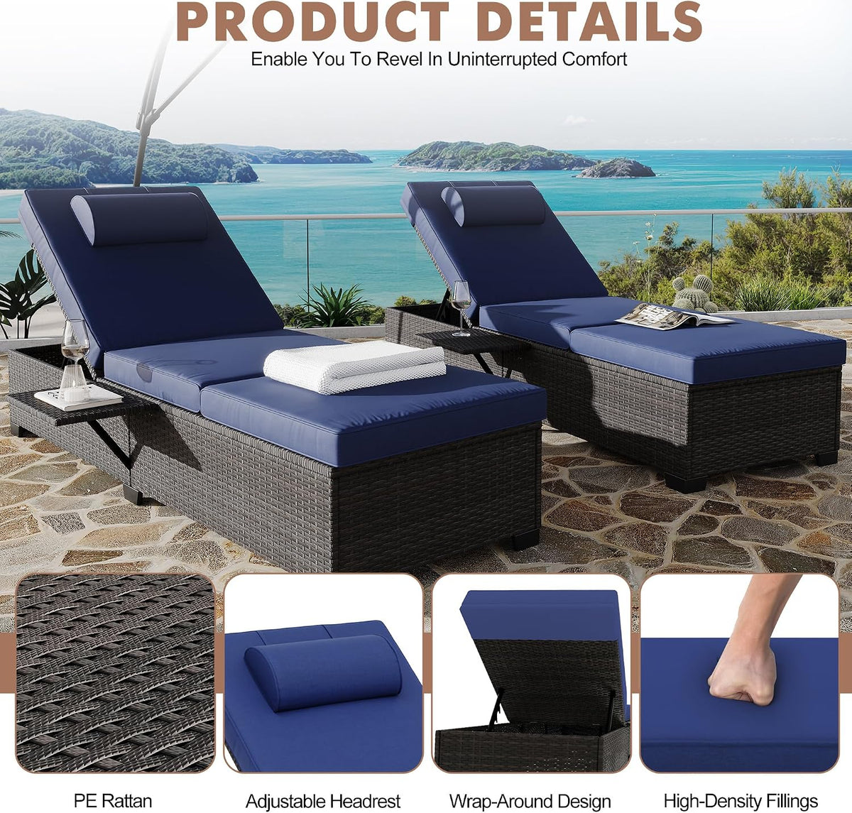 Set of 2 PE Wicker Patio Chaise Lounges