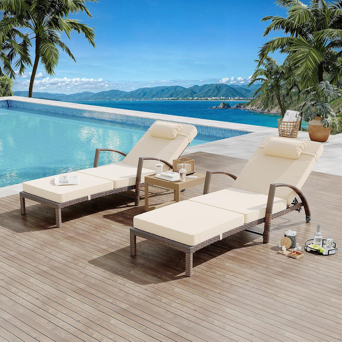 Set of 2 PE Rattan Patio Chaise Lounges with Cushions
