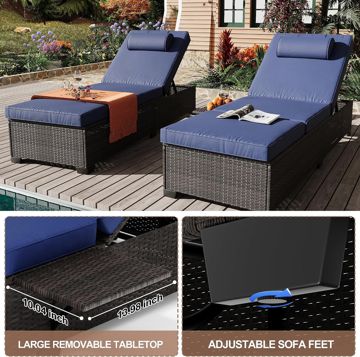 Set of 2 PE Wicker Patio Chaise Lounges
