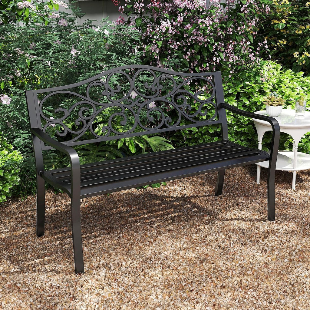 50" Black Floral Outdoor Garden Bench with Armrests