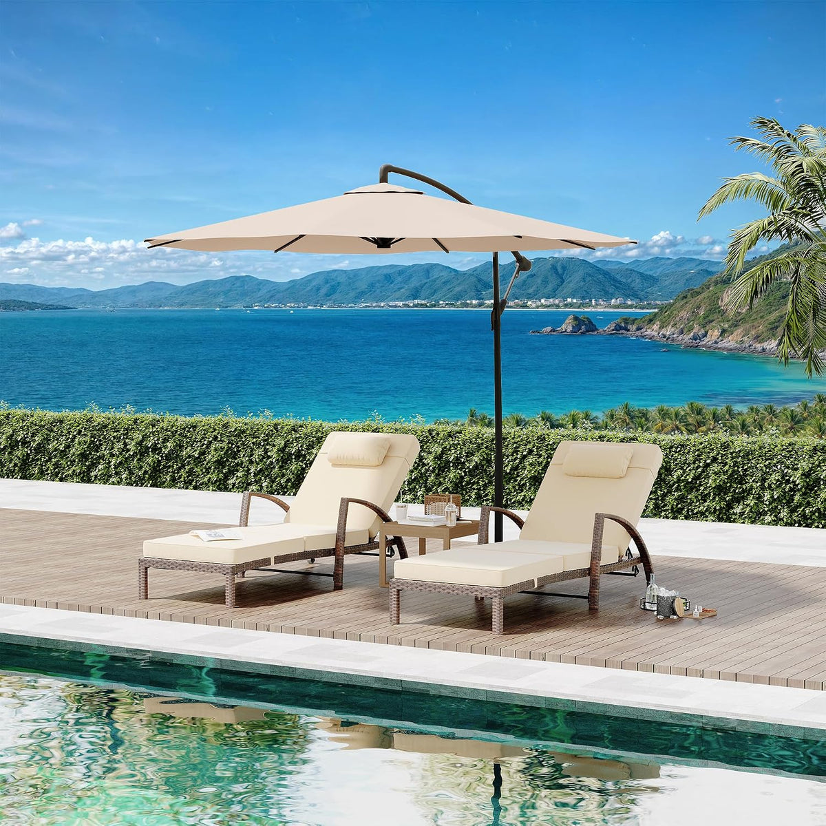 Set of 2 PE Rattan Patio Chaise Lounges with Cushions