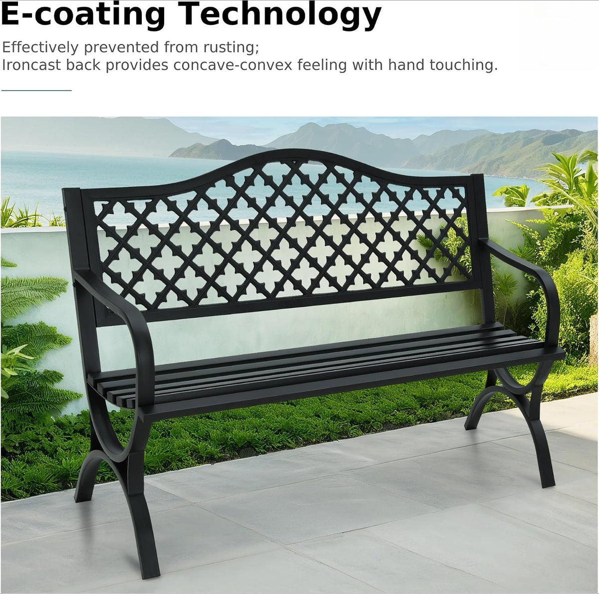 50" Clover Black Cast‑Iron Outdoor Garden Bench