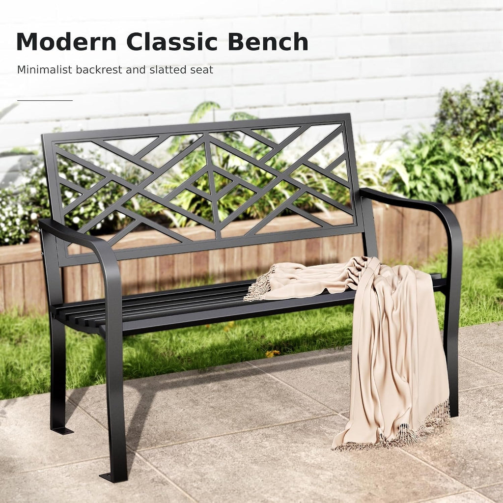 43.7" Black Geometric Cast‑Iron Outdoor Bench