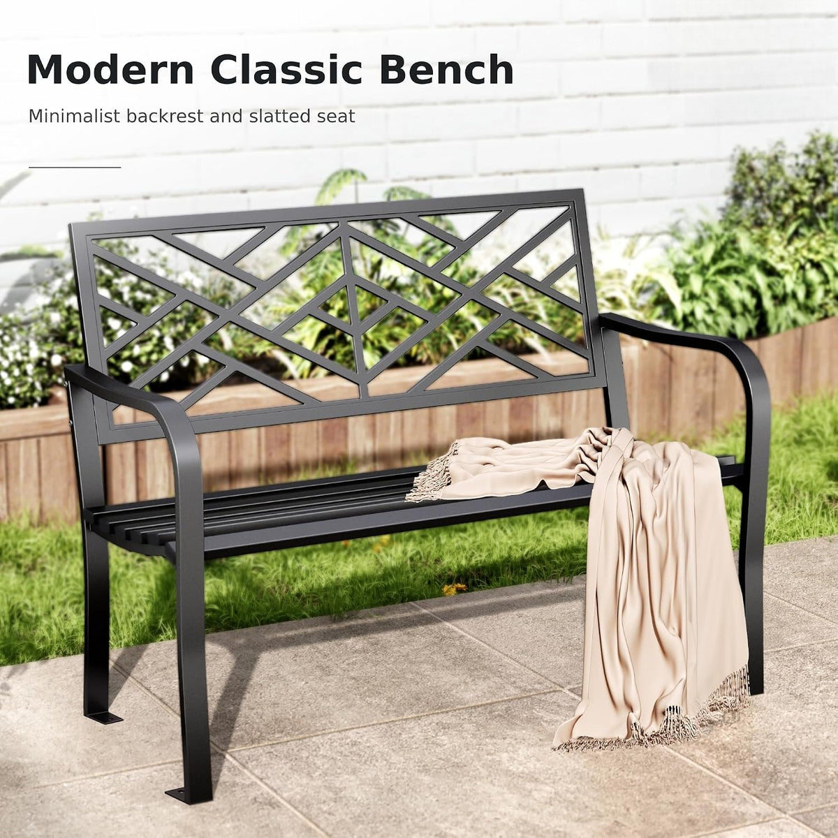 43.7" Black Geometric Cast‑Iron Outdoor Bench