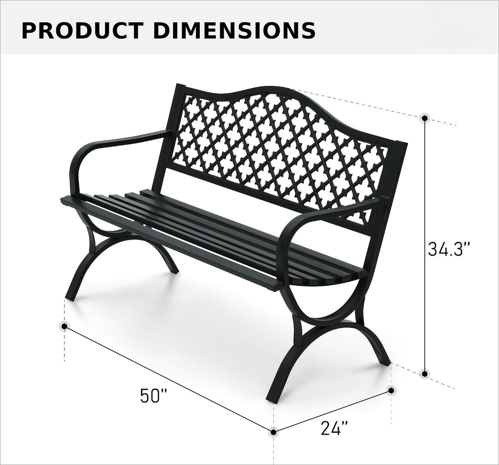50" Clover Black Cast‑Iron Outdoor Garden Bench